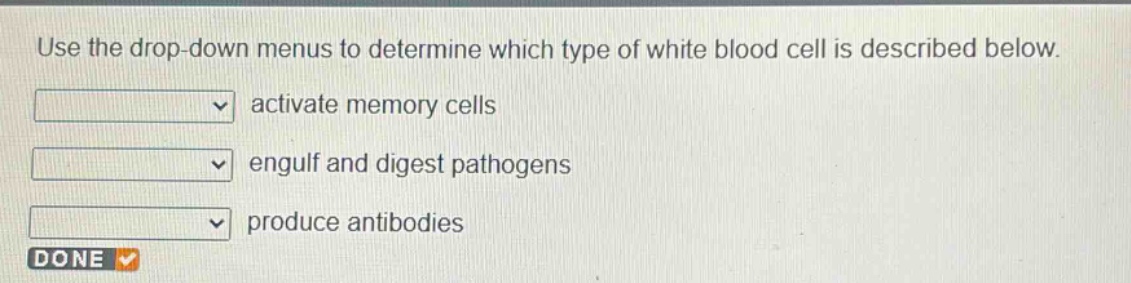 use the drop - down menus to determine which type of white blood cell is described below. activate memory cells engulf and digest pathogens produce antibodies done