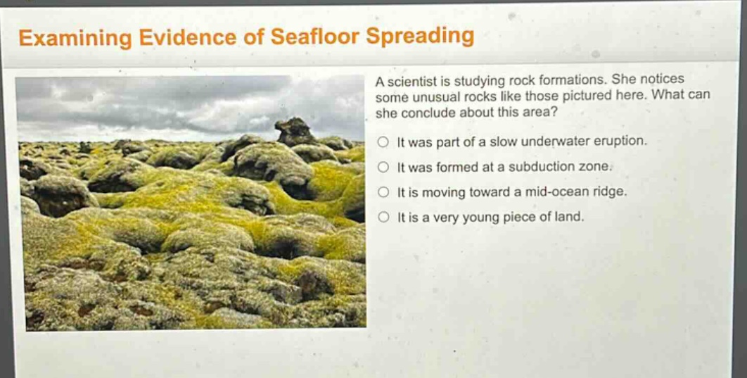 examining evidence of seafloor spreading a scientist is studying rock formations. she notices some unusual rocks like those pictured here. what can she conclude about this area? it was part of a slow underwater eruption. it was formed at a subduction zone. it is moving toward a mid - ocean ridge. it is a very young piece of land.
