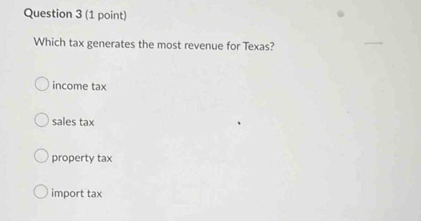 question 3 (1 point) which tax generates the most revenue for texas? income tax sales tax property tax import tax