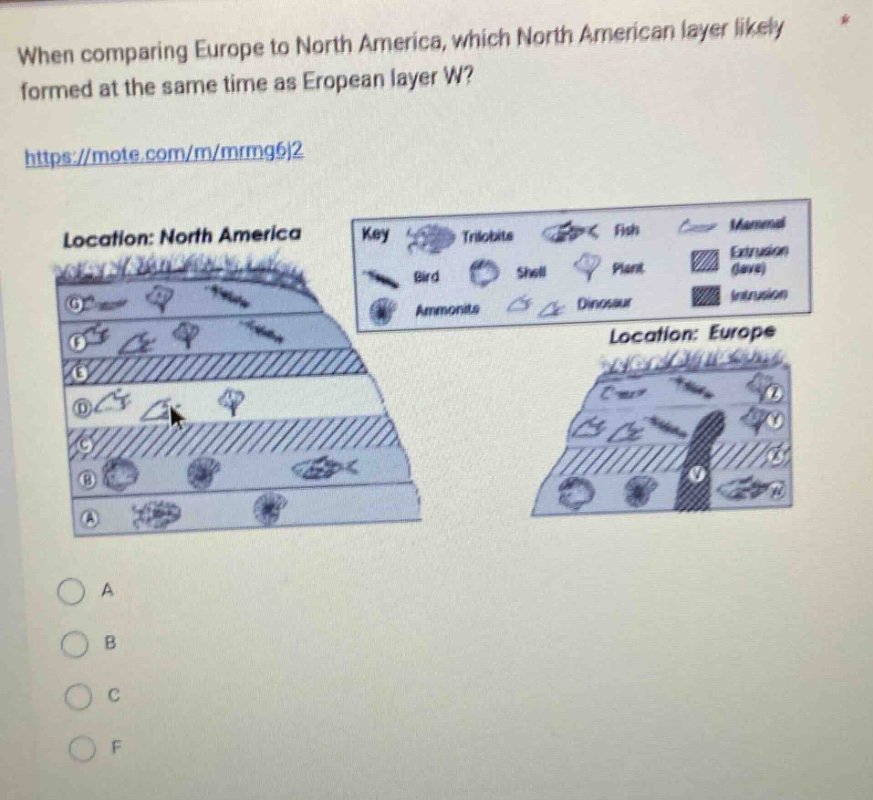 when comparing europe to north america, which north american layer likely formed at the same time as european layer w? https://mote.com/m/mrmg6j2 location: north america location: europe key trilobite fish mammal bird shell plant extrusion (lava) ammonite dinosaur intrusion a b c f