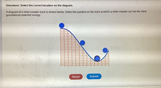 directions: select the correct location on the diagram. a diagram of a roller - coaster track is shown below. select the position on the track at which a roller - coaster car has the most gravitational potential energy.