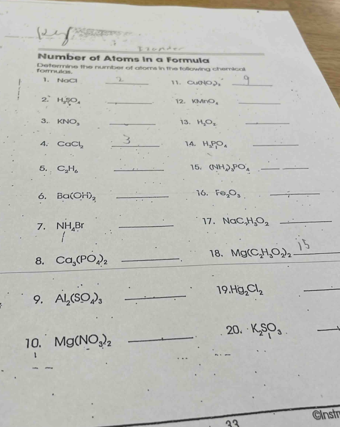 number of atoms in a formula determine the number of atoms in the following chemical formulas. 1. nacl 2. h₂so₄ 3. kno₃ 4. cacl₂ 5. c₂h₆ 6. ba(oh)₂ 7. nh₄br 8. ca₃(po₄)₂ 9. al₂(so₄)₃ 10. mg(no₃)₂ 11. cu(no₃)₂ 12. kmno₄ 13. h₂o₂ 14. h₃po₄ 15. (nh₄)₃po₄ 16. fe₂o₃ 17. nac₂h₃o₂ 18. mg(c₂h₃o₂)₂ 19. hg₂cl₂ 20. k₂so₃