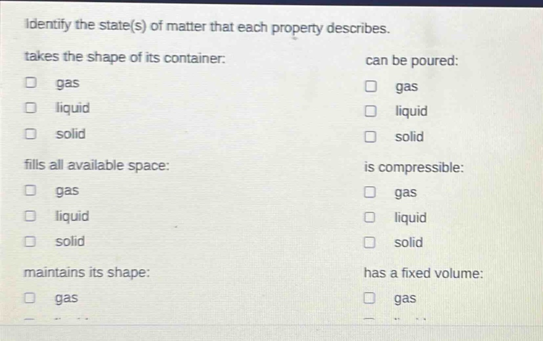 identify the state(s) of matter that each property describes. takes the shape of its container: gas liquid solid fills all available space: gas liquid solid maintains its shape: gas can be poured: gas liquid solid is compressible: gas liquid solid has a fixed volume: gas