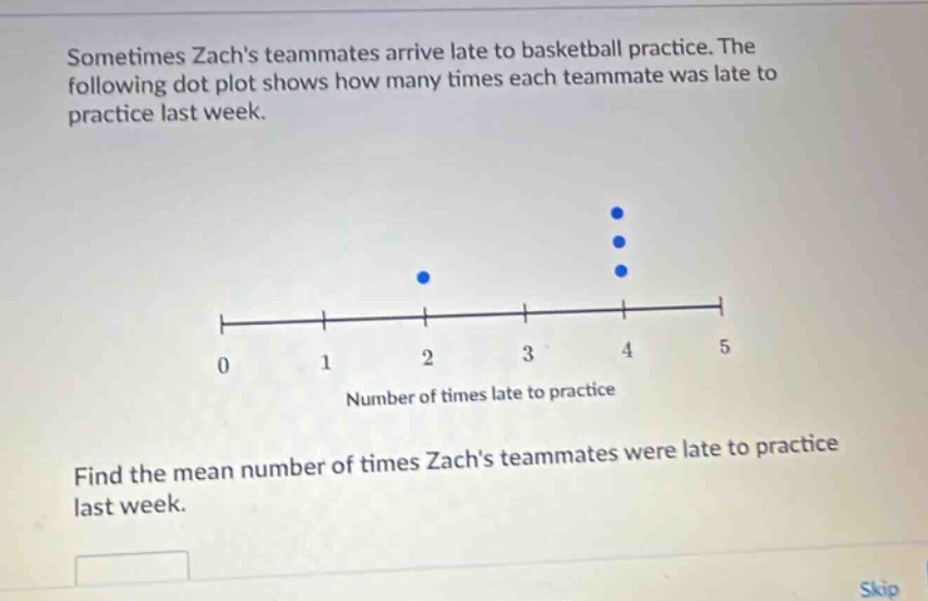 sometimes zachs teammates arrive late to basketball practice. the following dot plot shows how many times each teammate was late to practice last week. find the mean number of times zachs teammates were late to practice last week.