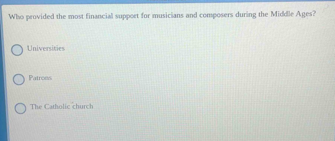 who provided the most financial support for musicians and composers during the middle ages? universities patrons the catholic church