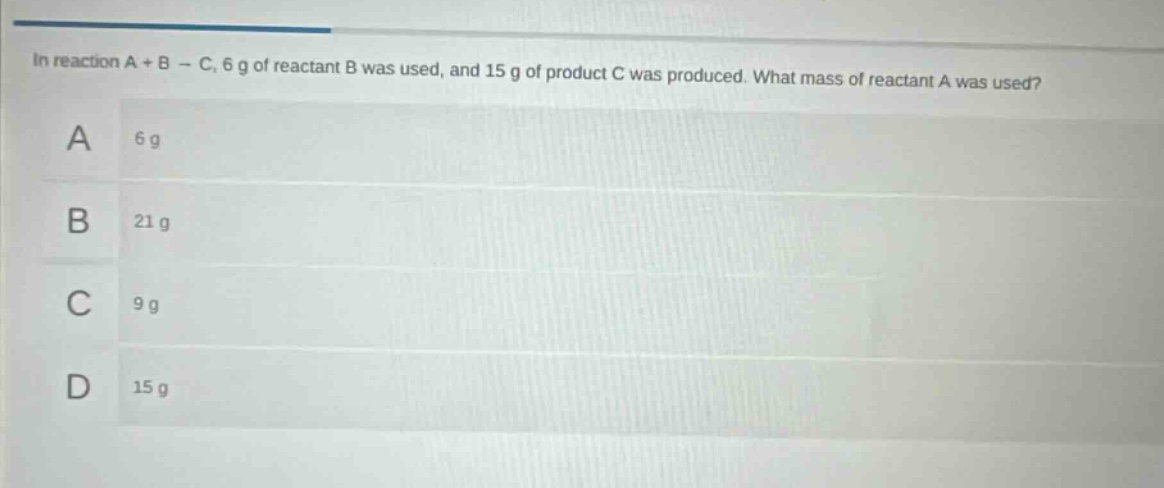 in reaction a + b → c, 6 g of reactant b was used, and 15 g of product c was produced. what mass of reactant a was used? a 6 g b 21 g c 9 g d 15 g