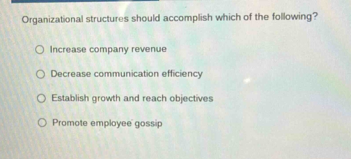 organizational structures should accomplish which of the following?\n○ increase company revenue\n○ decrease communication efficiency\n○ establish growth and reach objectives\n○ promote employee gossip