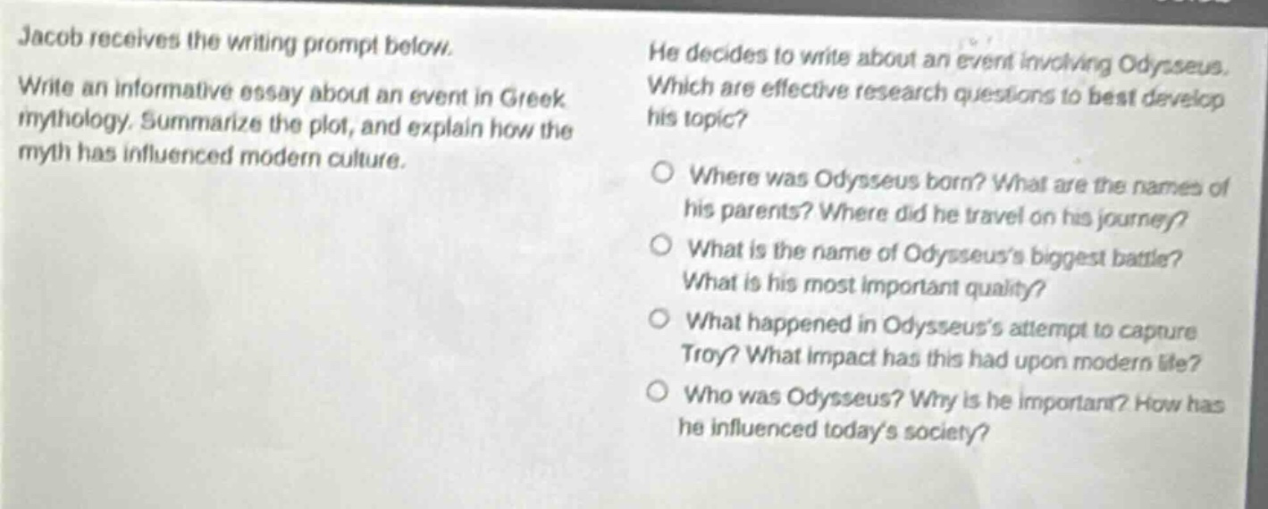 jacob receives the writing prompt below. write an informative essay about an event in greek mythology. summarize the plot, and explain how the myth has influenced modern culture. he decides to write about an event involving odysseus. which are effective research questions to best develop his topic? where was odysseus born? what are the names of his parents? where did he travel on his journey? what is the name of odysseuss biggest battle? what is his most important quality? what happened in odysseuss attempt to capture troy? what impact has this had upon modern life? who was odysseus? why is he important? how has he influenced todays society?