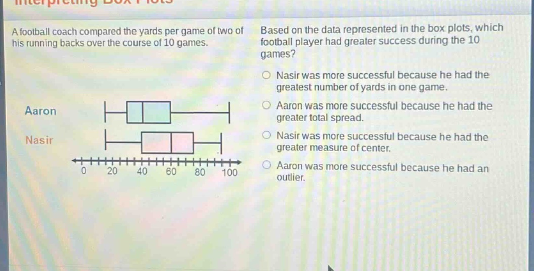 a football coach compared the yards per game of two of his running backs over the course of 10 games. based on the data represented in the box plots, which football player had greater success during the 10 games? nasir was more successful because he had the greatest number of yards in one game. aaron was more successful because he had the greater total spread. nasir was more successful because he had the greater measure of center. aaron was more successful because he had an outlier.