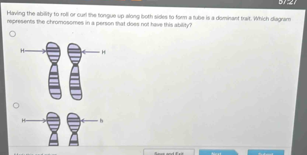 having the ability to roll or curl the tongue up along both sides to form a tube is a dominant trait. which diagram represents the chromosomes in a person that does not have this ability?