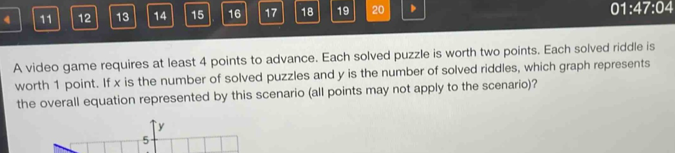 a video game requires at least 4 points to advance. each solved puzzle is worth two points. each solved riddle is worth 1 point. if x is the number of solved puzzles and y is the number of solved riddles, which graph represents the overall equation represented by this scenario (all points may not apply to the scenario)?