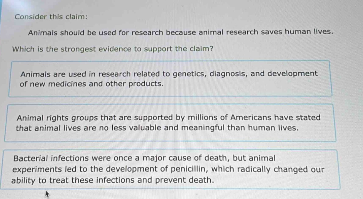 consider this claim: animals should be used for research because animal research saves human lives. which is the strongest evidence to support the claim? animals are used in research related to genetics, diagnosis, and development of new medicines and other products. animal rights groups that are supported by millions of americans have stated that animal lives are no less valuable and meaningful than human lives. bacterial infections were once a major cause of death, but animal experiments led to the development of penicillin, which radically changed our ability to treat these infections and prevent death.