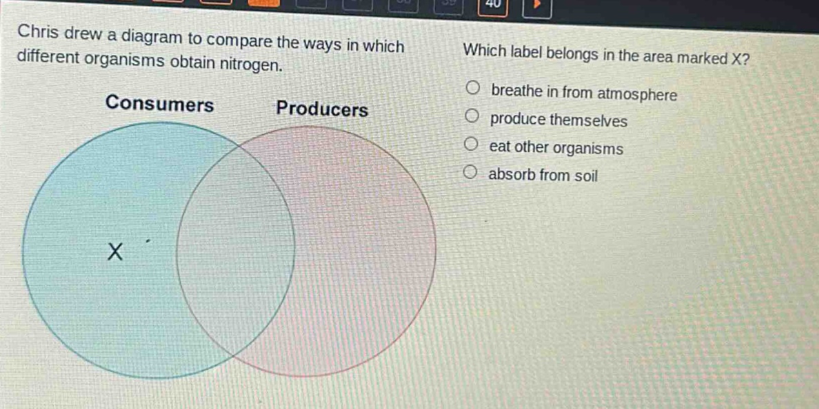 chris drew a diagram to compare the ways in which different organisms obtain nitrogen. which label belongs in the area marked x? consumers producers breathe in from atmosphere produce themselves eat other organisms absorb from soil