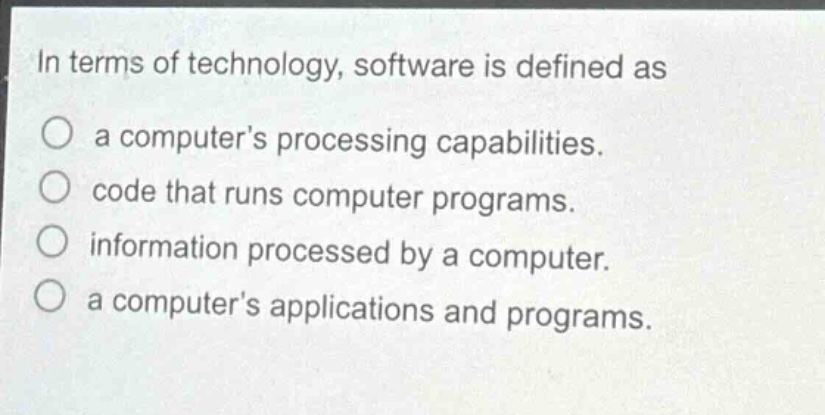 in terms of technology, software is defined as a computers processing capabilities. code that runs computer programs. information processed by a computer. a computers applications and programs.