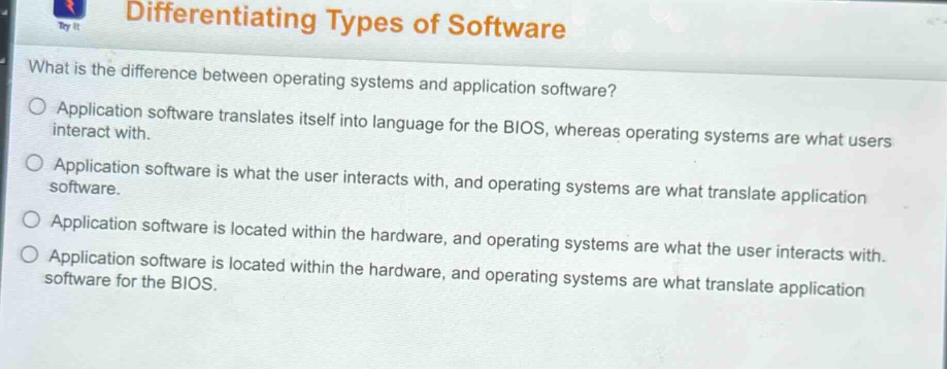 differentiating types of software\nwhat is the difference between operating systems and application software?\napplication software translates itself into language for the bios, whereas operating systems are what users interact with.\napplication software is what the user interacts with, and operating systems are what translate application software.\napplication software is located within the hardware, and operating systems are what the user interacts with.\napplication software is located within the hardware, and operating systems are what translate application software for the bios.