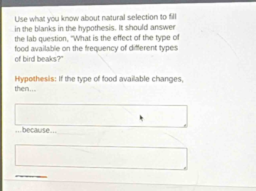 use what you know about natural selection to fill in the blanks in the hypothesis. it should answer the lab question, \what is the effect of the type of food available on the frequency of different types of bird beaks?\ hypothesis: if the type of food available changes, then... ...because...
