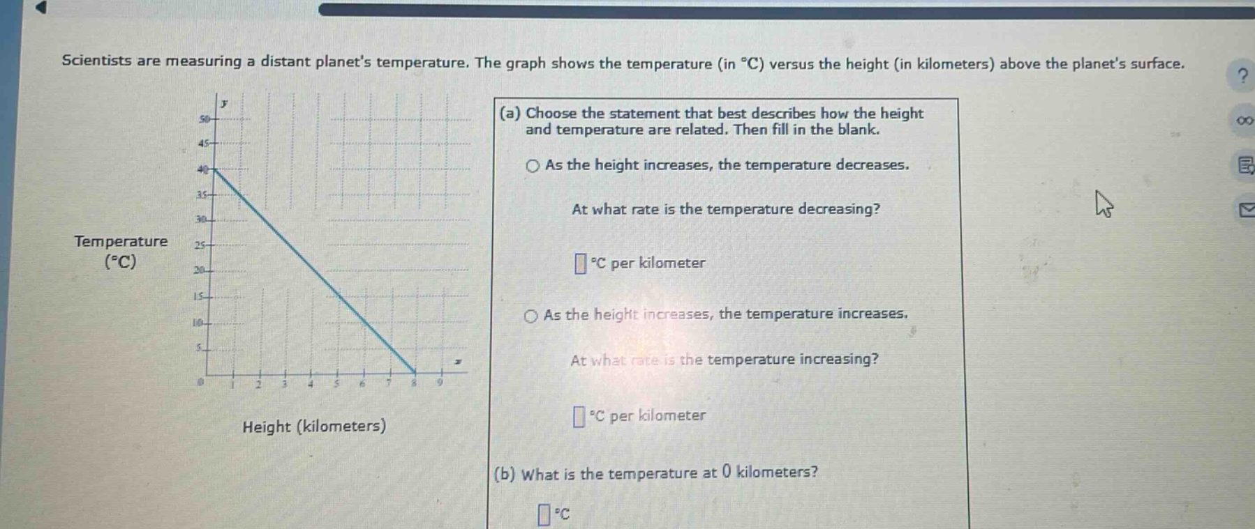 scientists are measuring a distant planets temperature. the graph shows the temperature (in °c) versus the height (in kilometers) above the planets surface. (a) choose the statement that best describes how the height and temperature are related. then fill in the blank. as the height increases, the temperature decreases. at what rate is the temperature decreasing? °c per kilometer as the height increases, the temperature increases. at what rate is the temperature increasing? °c per kilometer (b) what is the temperature at 0 kilometers? °c