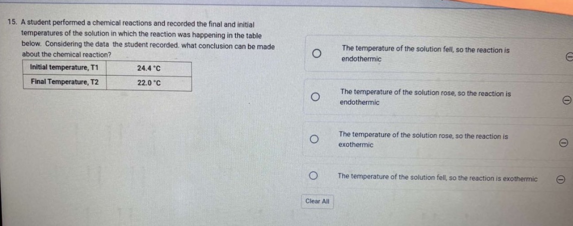 15. a student performed a chemical reactions and recorded the final and initial temperatures of the solution in which the reaction was happening in the table below. considering the data the student recorded, what conclusion can be made about the chemical reaction? initial temperature, t1 24.4 °c final temperature, t2 22.0 °c the temperature of the solution fell, so the reaction is endothermic the temperature of the solution rose, so the reaction is endothermic the temperature of the solution rose, so the reaction is exothermic the temperature of the solution fell, so the reaction is exothermic clear all