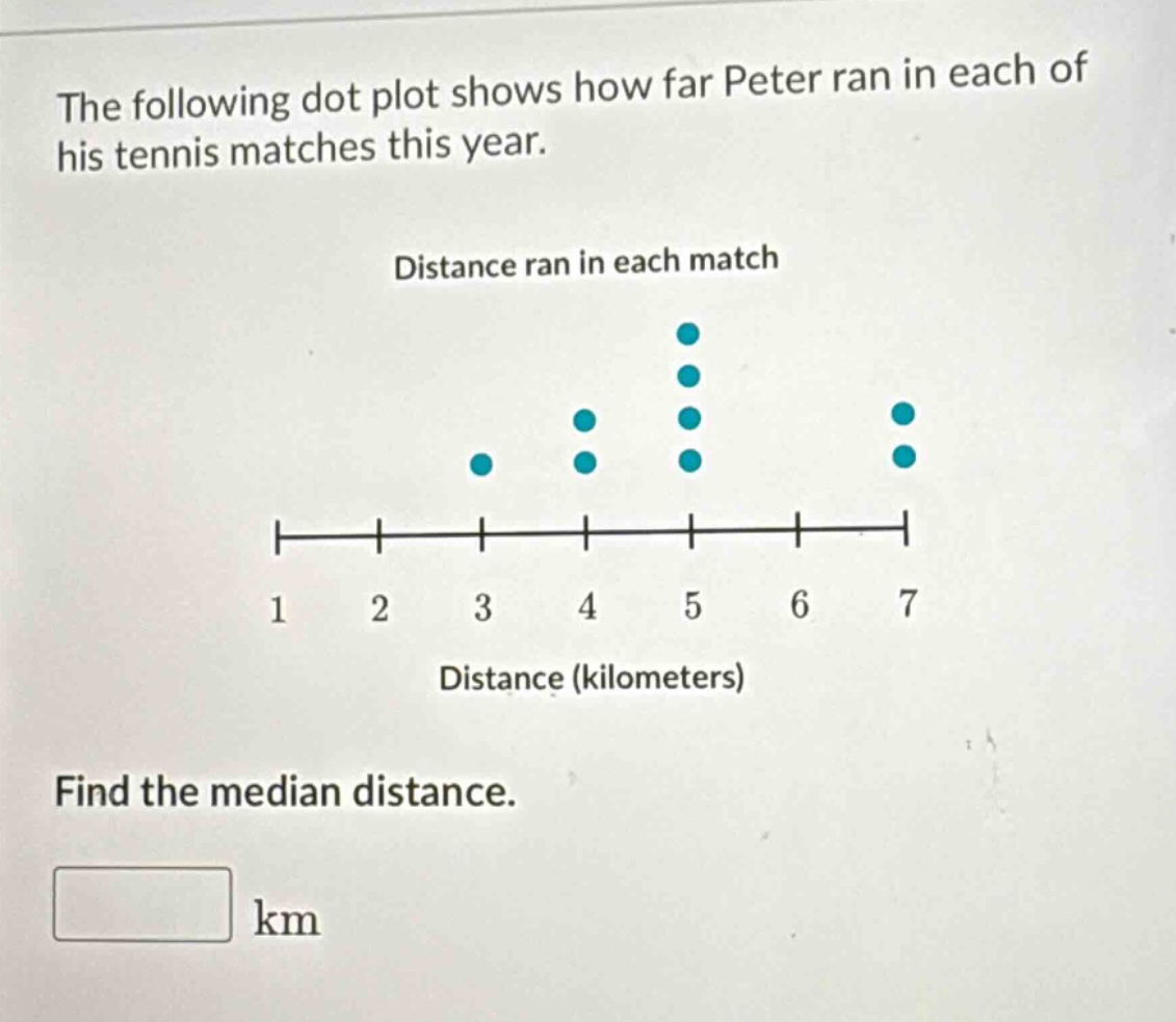 the following dot plot shows how far peter ran in each of his tennis matches this year. distance ran in each match 1 2 3 4 5 6 7 distance (kilometers) find the median distance. km