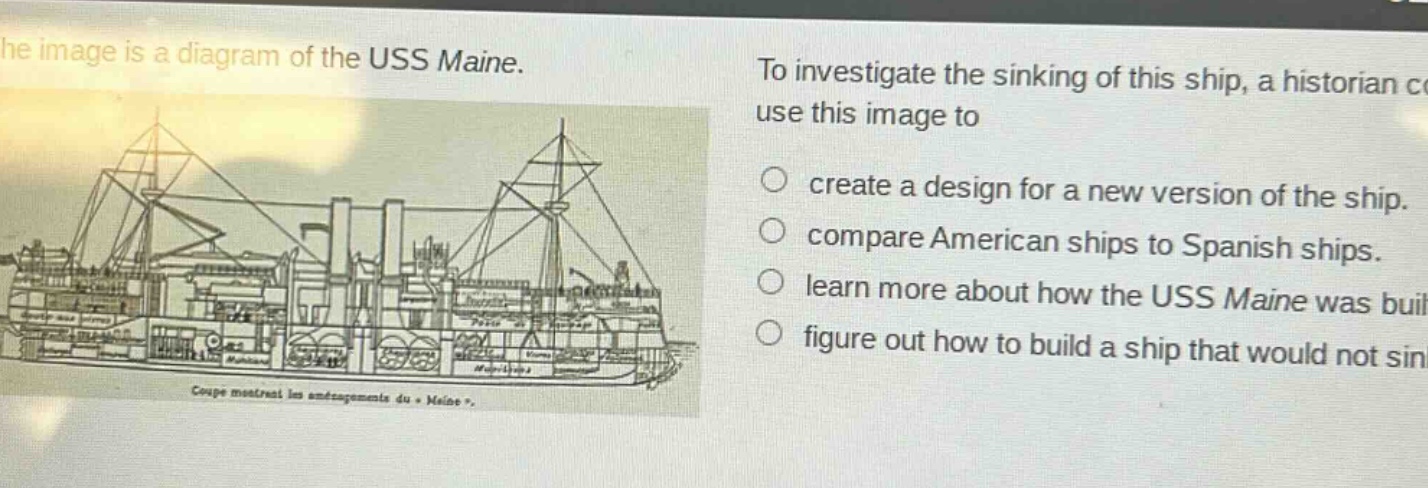 the image is a diagram of the uss maine. to investigate the sinking of this ship, a historian could use this image to create a design for a new version of the ship. compare american ships to spanish ships. learn more about how the uss maine was built. figure out how to build a ship that would not sink.