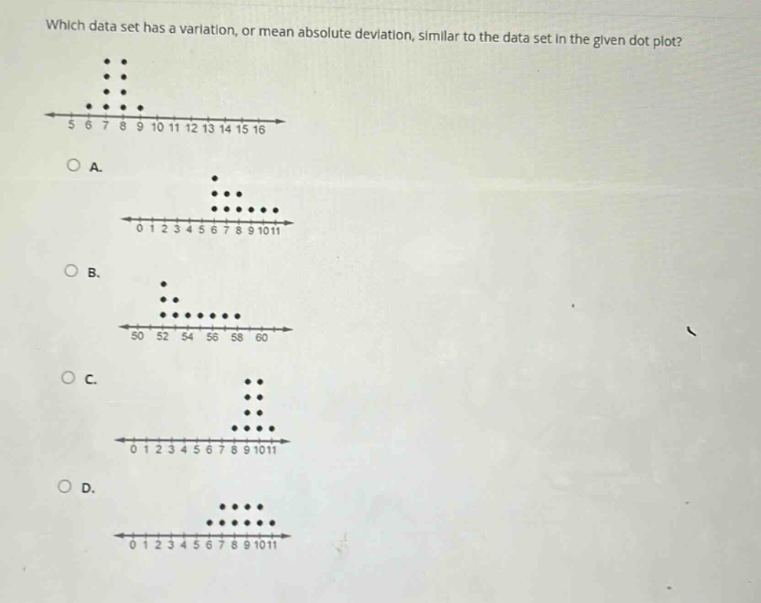 which data set has a variation, or mean absolute deviation, similar to the data set in the given dot plot? a. b. c. d.