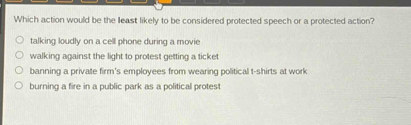 which action would be the least likely to be considered protected speech or a protected action?\n talking loudly on a cell phone during a movie\n walking against the light to protest getting a ticket\n banning a private firms employees from wearing political t - shirts at work\n burning a fire in a public park as a political protest