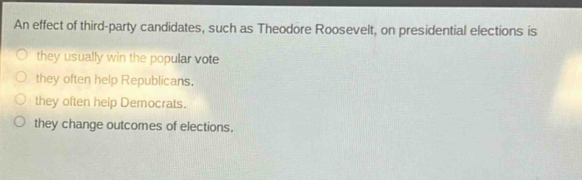 an effect of third - party candidates, such as theodore roosevelt, on presidential elections is they usually win the popular vote they often help republicans. they often help democrats. they change outcomes of elections.