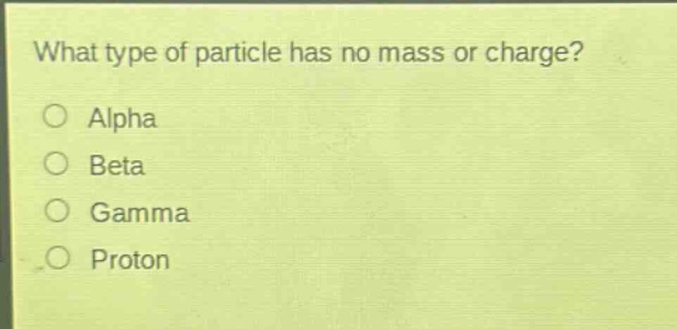 what type of particle has no mass or charge? alpha beta gamma proton
