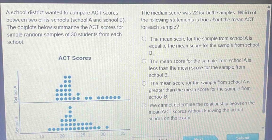 a school district wanted to compare act scores between two of its schools (school a and school b). the dotplots below summarize the act scores for simple random samples of 30 students from each school. the median score was 22 for both samples. which of the following statements is true about the mean act for each sample? the mean score for the sample from school a is equal to the mean score for the sample from school b. the mean score for the sample from school a is less than the mean score for the sample from school b. the mean score for the sample from school a is greater than the mean score for the sample from school b. we cannot determine the relationship between the mean act scores without knowing the actual scores on the exam.
