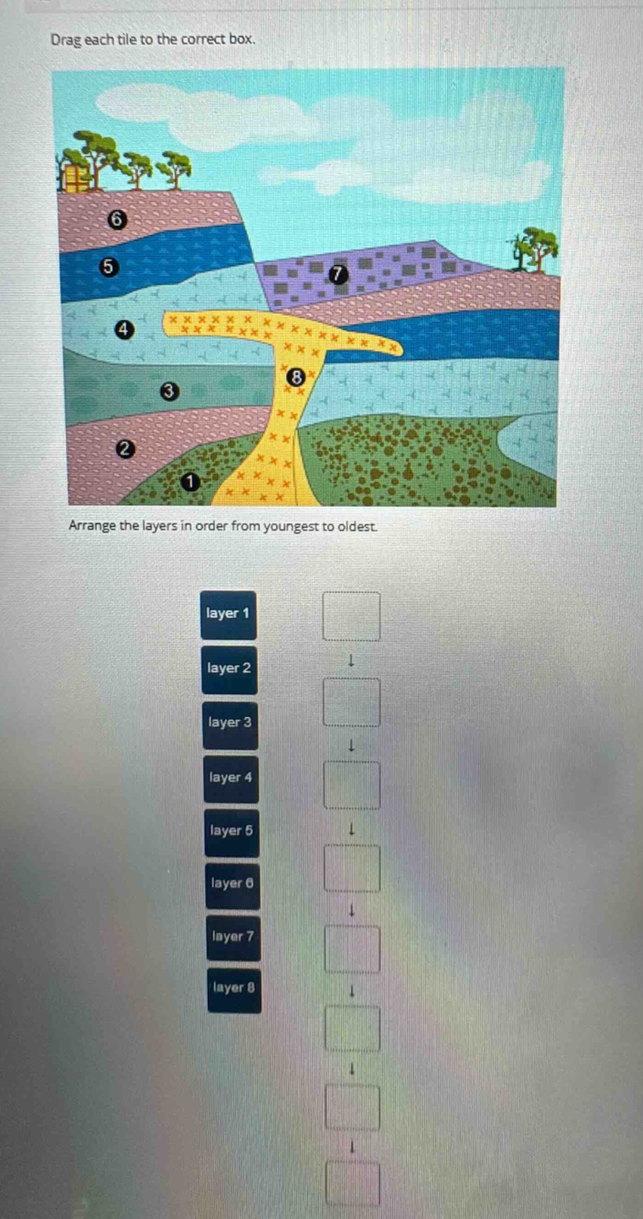 drag each tile to the correct box. arrange the layers in order from youngest to oldest. layer 1 layer 2 layer 3 layer 4 layer 5 layer 6 layer 7 layer 8