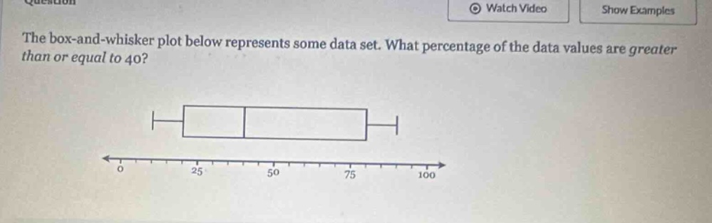 the box - and - whisker plot below represents some data set. what percentage of the data values are greater than or equal to 40?