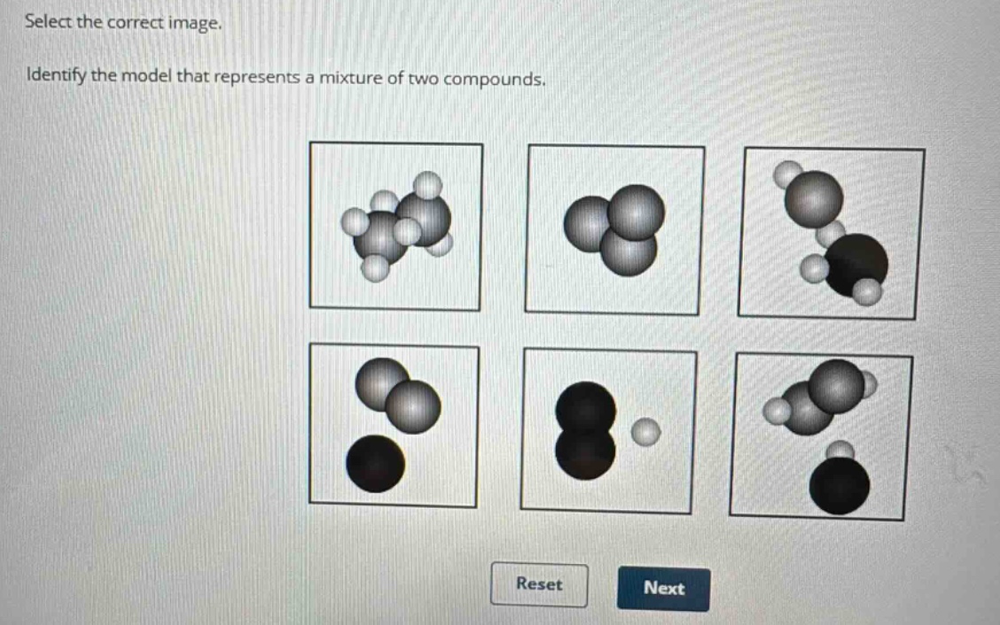 select the correct image. identify the model that represents a mixture of two compounds.
