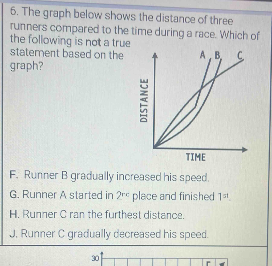 6. the graph below shows the distance of three runners compared to the time during a race. which of the following is not a true statement based on the graph? f. runner b gradually increased his speed. g. runner a started in 2nd place and finished 1st. h. runner c ran the furthest distance. j. runner c gradually decreased his speed.