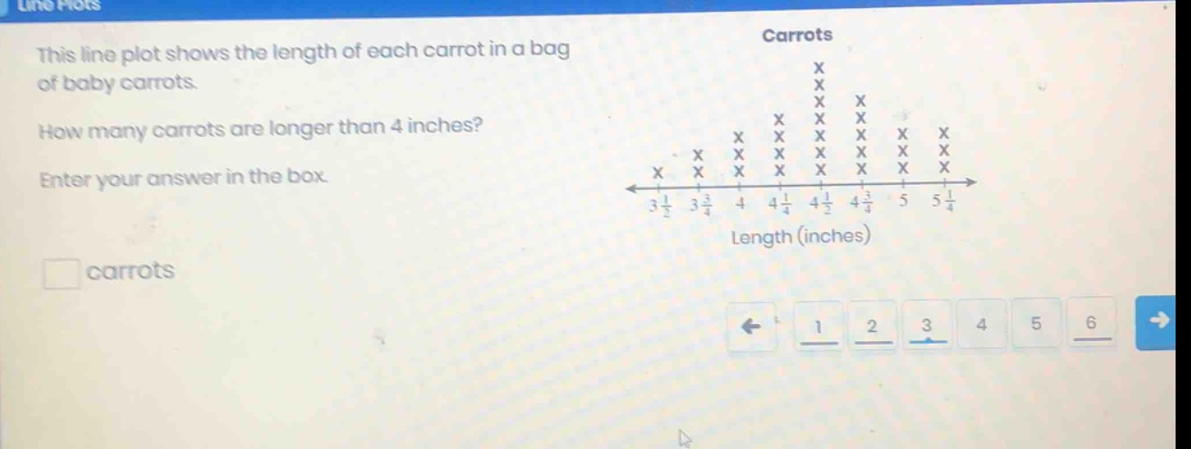 this line plot shows the length of each carrot in a bag of baby carrots. how many carrots are longer than 4 inches? enter your answer in the box. carrots