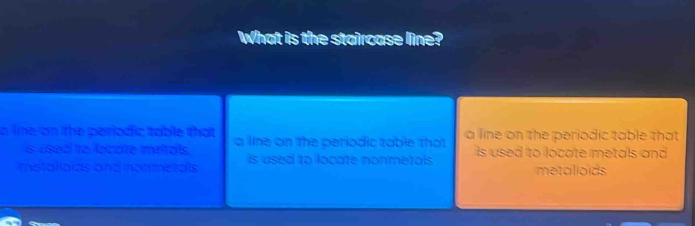 what is the staircase line? a line on the periodic table that is used to locate metals, metalloids and nonmetals a line on the periodic table that is used to locate nonmetals a line on the periodic table that is used to locate metals and metalloids