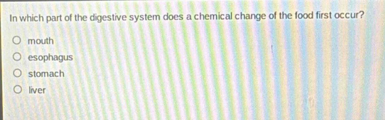 in which part of the digestive system does a chemical change of the food first occur?\nmouth\nesophagus\nstomach\nliver