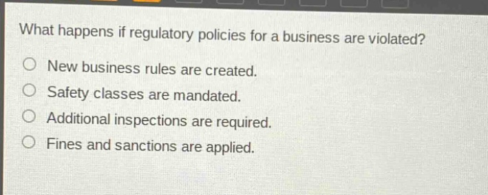 what happens if regulatory policies for a business are violated?\nnew business rules are created.\nsafety classes are mandated.\nadditional inspections are required.\nfines and sanctions are applied.