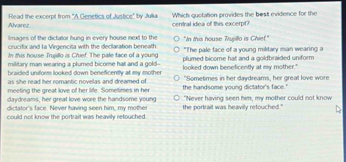 read the excerpt from \a genetics of justice\ by julia alvarez. images of the dictator hung in every house next to the crucifix and la virgencita with the declaration beneath: in this house trujillo is chief. the pale face of a young military man wearing a plumed bicorne hat and a gold - braided uniform looked down beneficently at my mother as she read her romantic novelas and dreamed of meeting the great love of her life. sometimes in her daydreams, her great love wore the handsome young dictators face. never having seen him, my mother could not know the portrait was heavily retouched. which quotation provides the best evidence for the central idea of this excerpt? \in this house trujillo is chief.\ \the pale face of a young military man wearing a plumed bicorne hat and a gold - braided uniform looked down beneficently at my mother.\ \sometimes in her daydreams, her great love wore the handsome young dictators face.\ \never having seen him, my mother could not know the portrait was heavily retouched.\