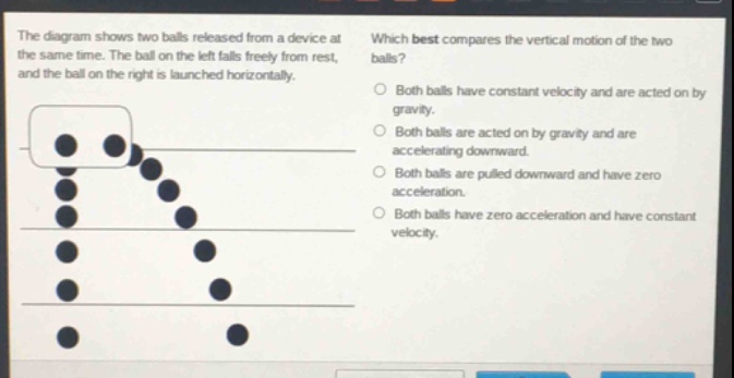 the diagram shows two balls released from a device at the same time. the ball on the left falls freely from rest, and the ball on the right is launched horizontally. which best compares the vertical motion of the two balls? both balls have constant velocity and are acted on by gravity. both balls are acted on by gravity and are accelerating downward. both balls are pulled downward and have zero acceleration. both balls have zero acceleration and have constant velocity.