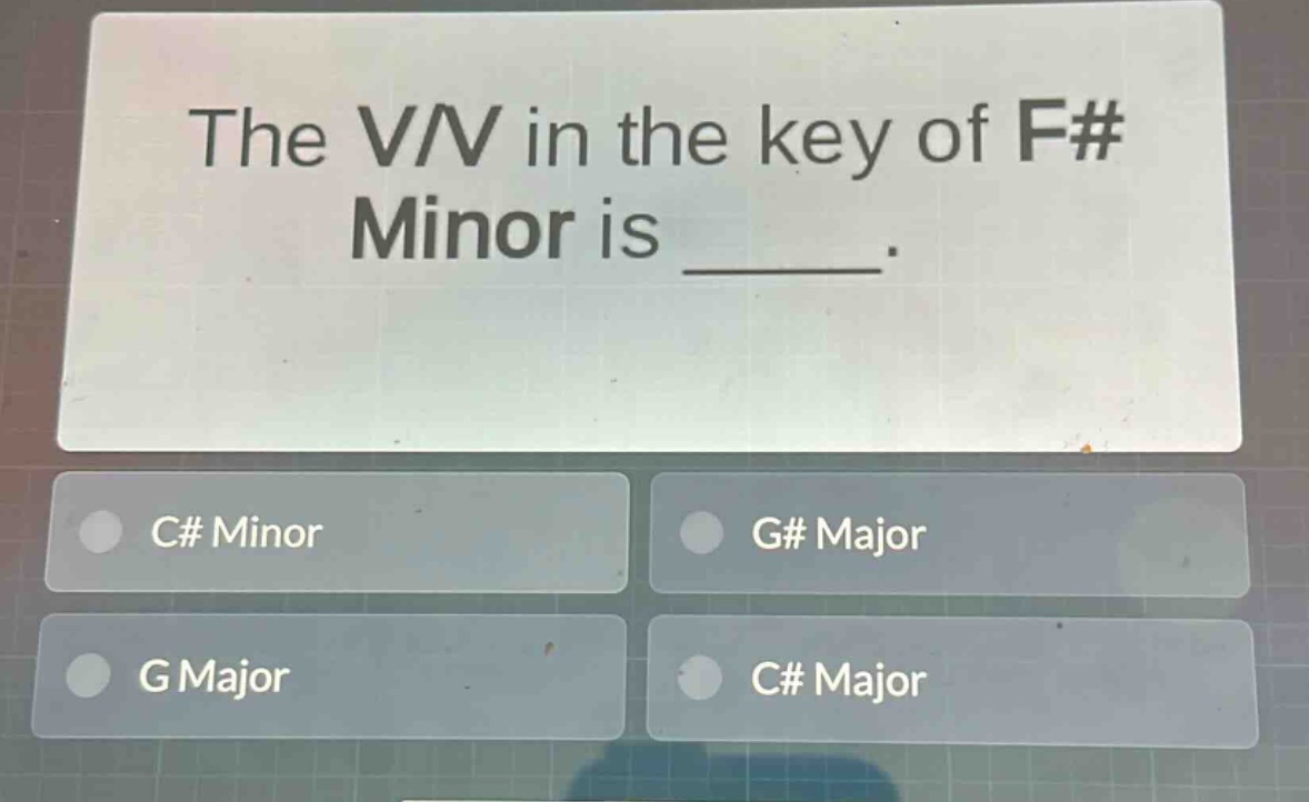 the v/v in the key of f# minor is ____. c# minor g# major g major c# major