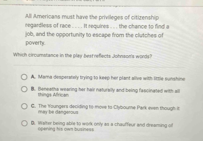 all americans must have the privileges of citizenship regardless of race.... it requires.... the chance to find a job, and the opportunity to escape from the clutches of poverty. which circumstance in the play best reflects johnsons words? a. mama desperately trying to keep her plant alive with little sunshine b. beneatha wearing her hair naturally and being fascinated with all things african c. the youngers deciding to move to clybourne park even though it may be dangerous d. walter being able to work only as a chauffeur and dreaming of opening his own business