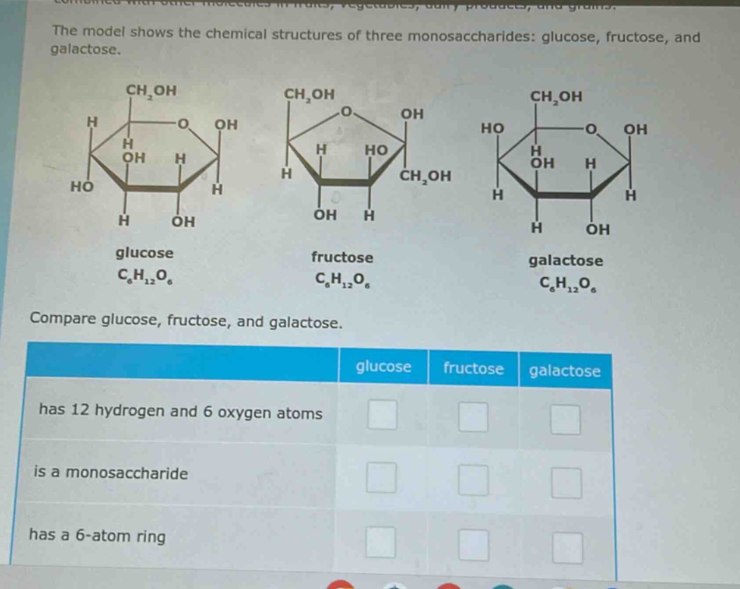 the model shows the chemical structures of three monosaccharides: glucose, fructose, and galactose. compare glucose, fructose, and galactose. has 12 hydrogen and 6 oxygen atoms is a monosaccharide has a 6 - atom ring