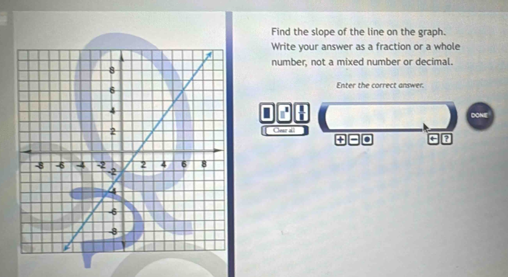 find the slope of the line on the graph. write your answer as a fraction or a whole number, not a mixed number or decimal. enter the correct answer.