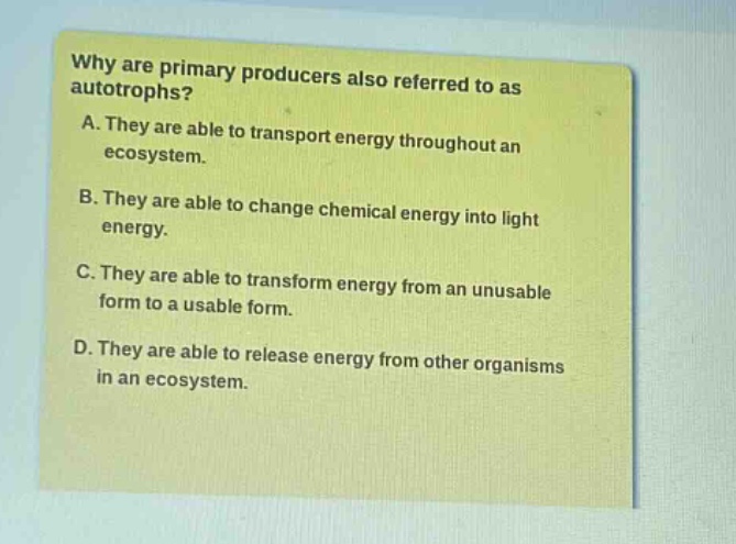 why are primary producers also referred to as autotrophs? a. they are able to transport energy throughout an ecosystem. b. they are able to change chemical energy into light energy. c. they are able to transform energy from an unusable form to a usable form. d. they are able to release energy from other organisms in an ecosystem.