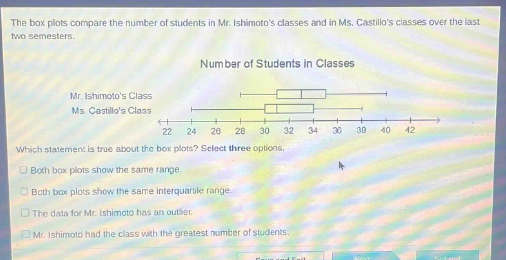 the box plots compare the number of students in mr. ishimotos classes and in ms. castillos classes over the last two semesters. number of students in classes mr. ishimotos class ms. castillos class 22 24 26 28 30 32 34 36 38 40 42 which statement is true about the box plots? select three options. both box plots show the same range. both box plots show the same interquartile range. the data for mr. ishimoto has an outlier. mr. ishimoto had the class with the greatest number of students.