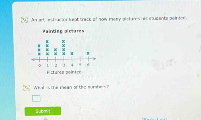 an art instructor kept track of how many pictures his students painted. painting pictures what is the mean of the numbers?