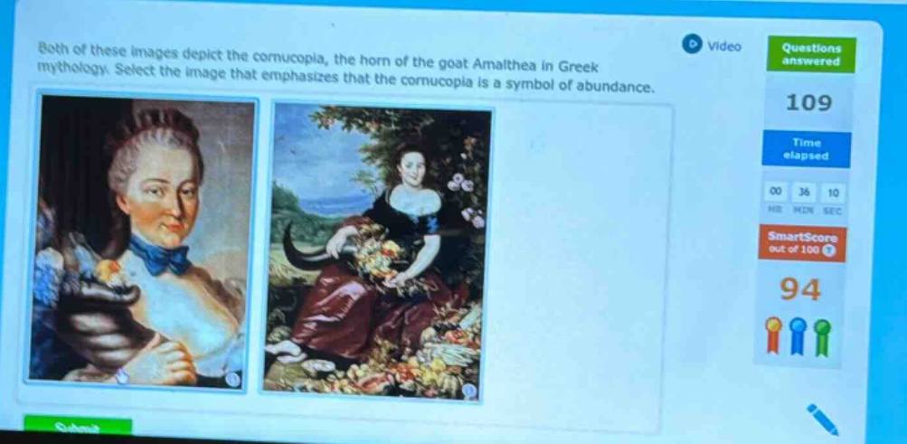 both of these images depict the cornucopia, the horn of the goat amalthea in greek mythology. select the image that emphasizes that the cornucopia is a symbol of abundance.
