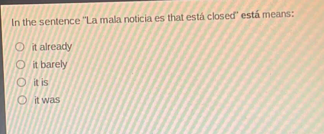in the sentence \la mala noticia es that está closed\ está means: it already it barely it is it was
