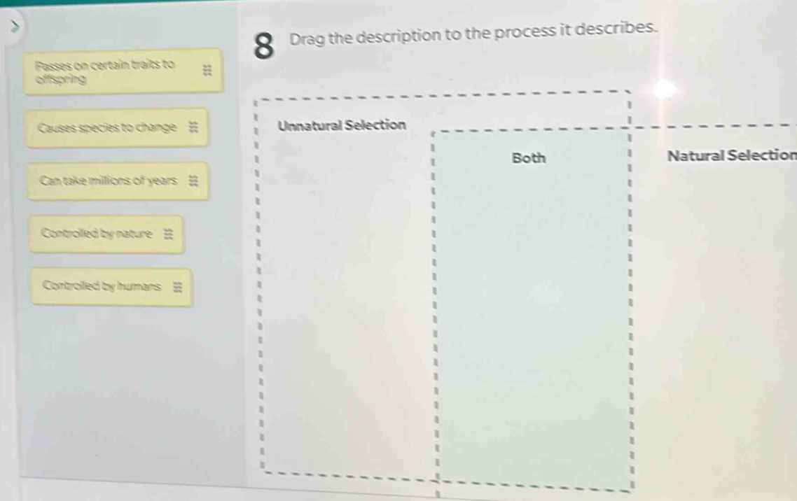 8 drag the description to the process it describes. passes on certain traits to offspring causes species to change can take millions of years controlled by nature controlled by humans unnatural selection both natural selection