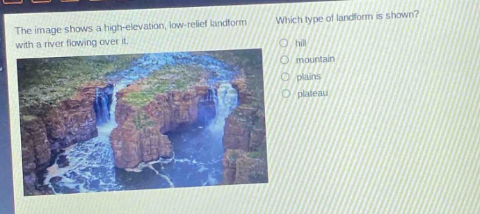 the image shows a high - elevation, low - relief landform with a river flowing over it. which type of landform is shown? hill mountain plains plateau
